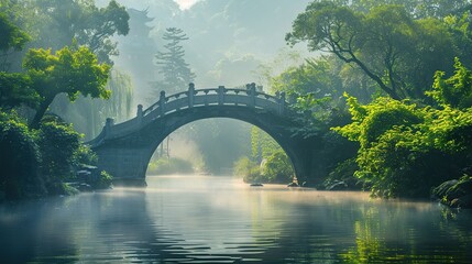 Wall Mural - Stone Bridge Over a Misty River in a Tranquil Garden