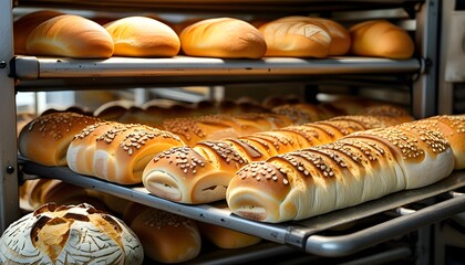 Efficient conveyor line in a professional bakery, creating fresh and warm loaves of bread