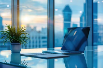 Poster - Laptop on Desk with City Skyline View