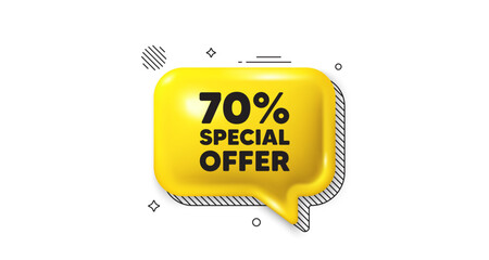 Sticker - 3d speech bubble icon. 70 percent discount offer tag. Sale price promo sign. Special offer symbol. Discount chat talk message. Speech bubble banner. Yellow text balloon. Vector