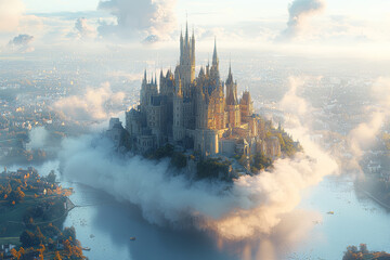 Poster - a castle floating on a cloud, its spires piercing the heavens. concept of otherworldly architecture 