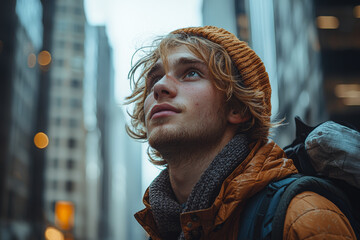 Poster - a young adult making a major life decision, like moving to a new city, entirely on their own. concep