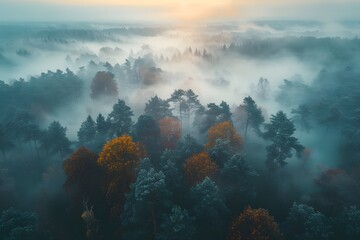 Sticker - Serene Misty Forest at Dawn with Vibrant Autumn Colors