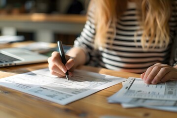 Poster - Focused Work Session: A Person Writing on Documents at a Desk