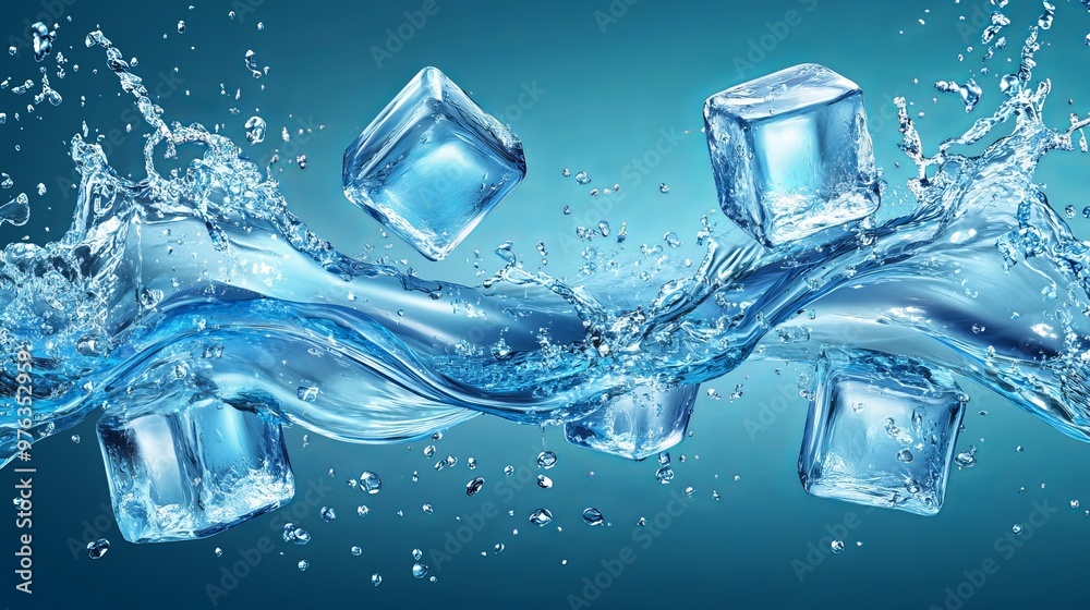 Realistic frozen ice cubes swirling in blue water waves with splashes ...