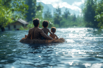 Aufkleber - a family sitting on the roof of a house surrounded by floodwaters, waiting for rescue. concept of cl