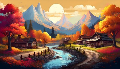 Wall Mural - Pixel art Autumn Forest and Mountain View - colorful village during autumn, with pixelated trees showcasing shades of red, orange, and yellow. Graphic art illustration
