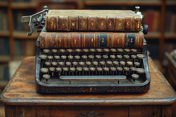 Poster - A classic typewriter sitting on a stack of aged books in a sunlit library. Concept of creativity and timeless knowledge.