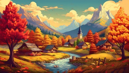 Wall Mural - Pixel Art Scenic Autumn Forest and Mountain View Featuring a Colorful Village in Fall Hues Graphic Art Illustration