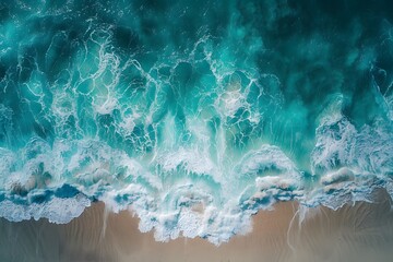 Wall Mural - Aerial View of Turquoise Ocean Waves Crashing on Sandy Beach