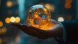© gnoparus - Hand Holding a Crystal Ball with Digital Network Inside, Futuristic Technology Concept.