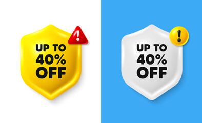 Sticker - Up to 40 percent off sale. Shield 3d banner with text box. Discount offer price sign. Special offer symbol. Save 40 percentages. Discount tag chat protect message. Shield speech bubble banner. Vector