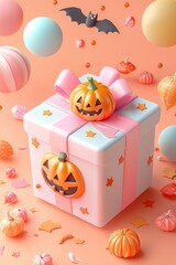 Wall Mural - Whimsical Halloween themed gift box with pumpkins and bats