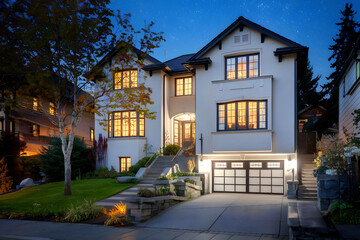 Vancouver, Canada; two-story luxury stucco home with garage door at night.