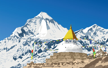 Poster - Mount Dhaulagiri peak and buddhist stupa or chorten with prayer flags, Buddhism in Nepal himalayas mountains