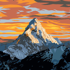 Wall Mural - mount Everest as seen from Kala Patthar evening sunset view, vector illustration logo, Mt Everest 8,848 m, Nepal Himalaya mountain