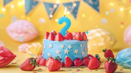 blue number 2 candle on strawberry cake surrounded by stars and garland on yellow background