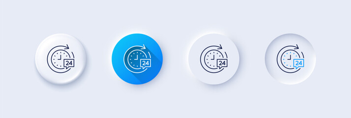 Poster - 24 hours delivery line icon. Neumorphic, Blue gradient, 3d pin buttons. Time or stopwatch sign. Line icons. Neumorphic buttons with outline signs. Vector