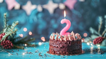 Chocolate cake with number 2 candle on blue background surrounded by decorative garland