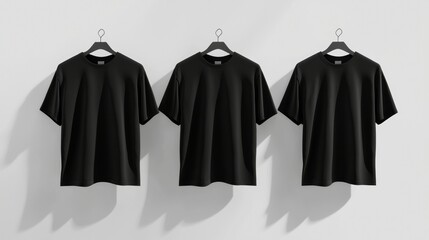 Featured are black t-shirts with round necks that are shown in front, back, and side views on a white background. Includes cutout files for mockup templates for artwork and graphic design.