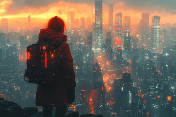 Poster - an avatar with a sleek, sci-fi design exploring a detailed 3d cityscape in a metaverse environment. 
