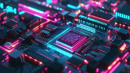 an ai word displayed on a microchip with colorful light spreading and a strong beam. background of a