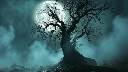 Wall Mural - a large tree stands in the middle of a foggy, dark forest. the moon is shining brightly in the sky, 