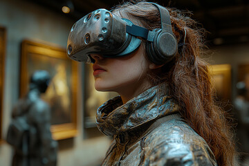 Poster - a virtual art gallery showcasing digital sculptures and paintings, with visitors exploring and inter