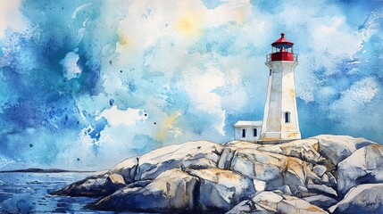 A watercolor painting depicting the iconic lighthouse at Peggy's Cove, Canada. The artwork captures the lighthouse's structure with delicate brushstrokes and soft hues