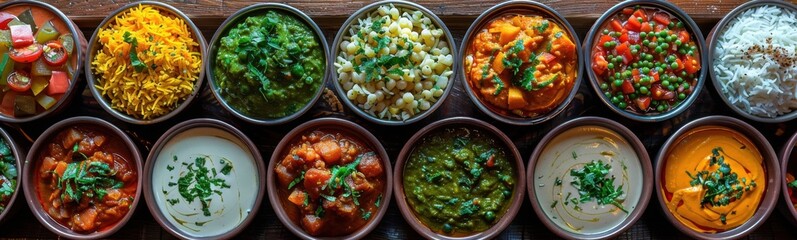 several bowls of different types of food are lined up on a table, indian food, food background, bann