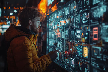 Poster - A person shopping for electronics online, with a focus on product specifications and reviews. Concept of tech e-commerce.