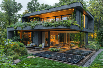 Poster - a modern, energy-efficient home with solar panels and a green roof, exemplifying sustainable archite