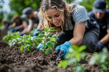 Sticker - A group of volunteers planting trees in a community park, contributing to reforestation efforts and environmental restoration. Concept of tree planting.