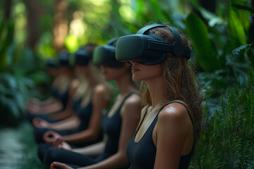Poster - A group of users engaging in a virtual reality meditation session, relaxing and exploring serene digital landscapes for mindfulness. Concept of VR wellness.