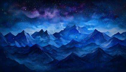 Wall Mural - An abstract illustration of a mountain range under a starry sky at night time