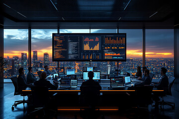 Poster - a team of professionals collaborating on a project in a sleek conference room, surrounded by digital