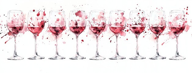 Watercolor set of food and wine. A red wine glass with hand-painted features.