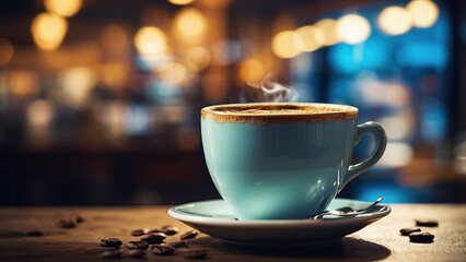 A steaming cup of coffee on a wooden table in a cozy café setting during late afternoon with soft lighting illuminating the space