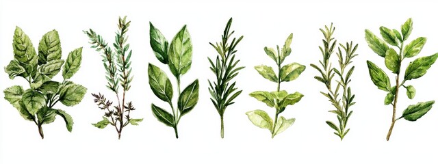 A collection of culinary herbs is illustrated with clipping paths.