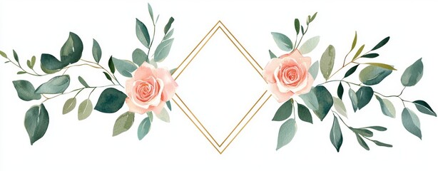 Wall Mural - Elegant watercolor frame with rose eucalyptus. Wedding invitation template with metallic roses.