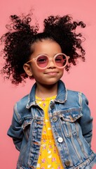 Wall Mural - Stylish afro little girl on pink background.Kids Fashion