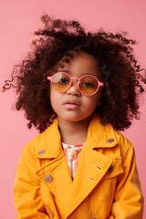 Wall Mural - Stylish afro little girl on pink background.Kids Fashion