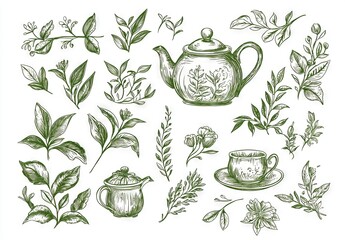 Wall Mural - A black and white engraving style clipart of green tea isolated on a white background.