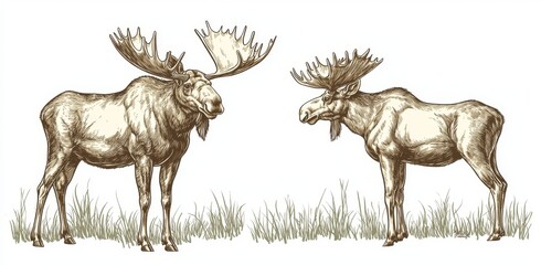 Hand-drawn illustration of an isolated black and white elk in a modern style