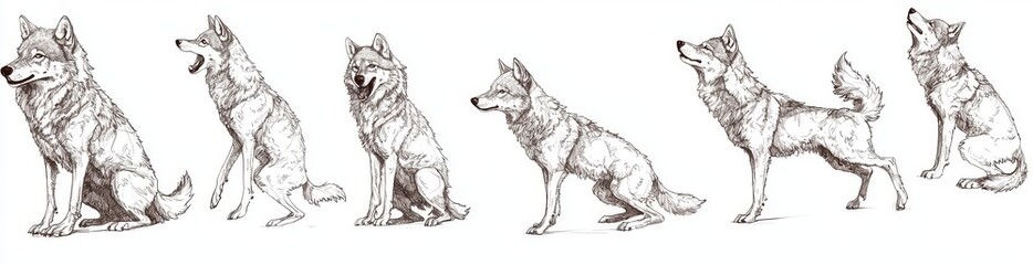 Gray wolf illustration ink sketch with wild dog background.