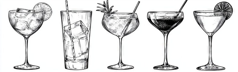 Black and white drink illustration with alcohol background and glass silhouette menu.