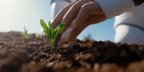 A human hand gently tends to a young plant sprouting in rich soil, symbolizing growth, care, and the nurturing of new life under the bright sunlight.