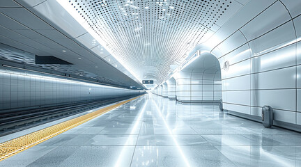 Poster - Underground train station, large white ceiling panels, glittering light, modern. Generative AI.