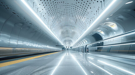 Poster - Underground train station, large white ceiling panels, glittering light, modern. Generative AI.