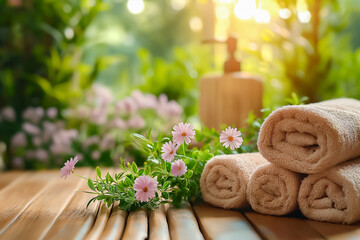 Wall Mural - Rolled towels are neatly arranged on a wooden table surrounded by delicate flowers and greenery, creating a tranquil atmosphere in a garden at sunset